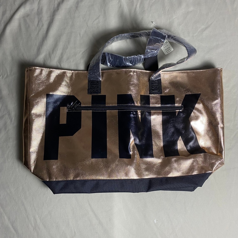 Victorias Secret PINK Rose Gold Metallic Large Tote Bag NWT Logo Gym Beach Bag